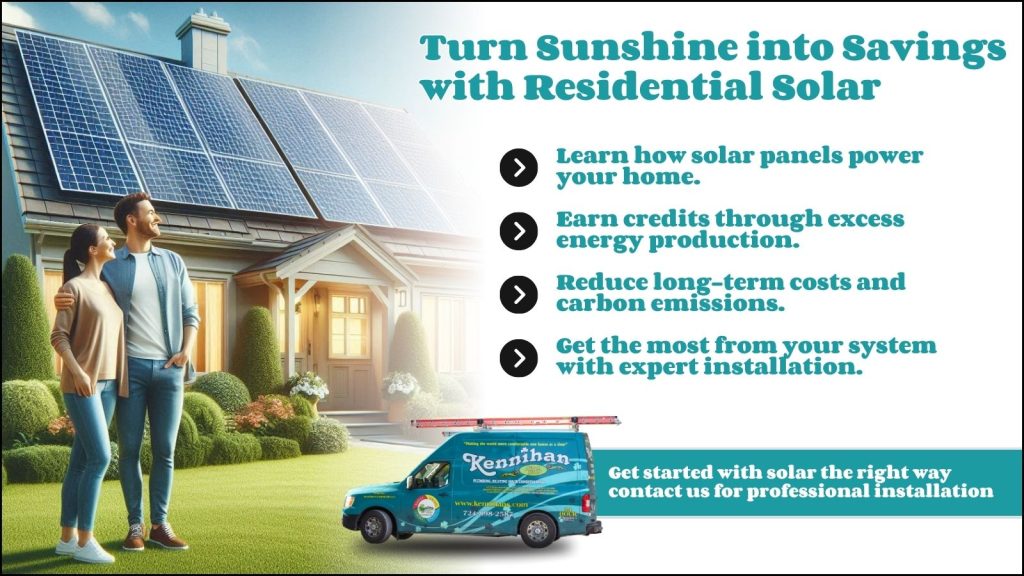 This is an image of a couple admiring the solar panels on the roof of their house. The headline reads turn sunshine into savings with residential solar.
