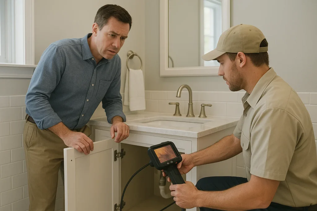 Homeowner and plumber discuss slow drain and sewer camera inspection in bathroom