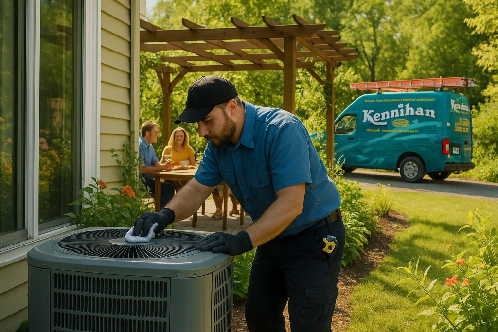 Technician cleaning outdoor AC condenser before backyard gathering