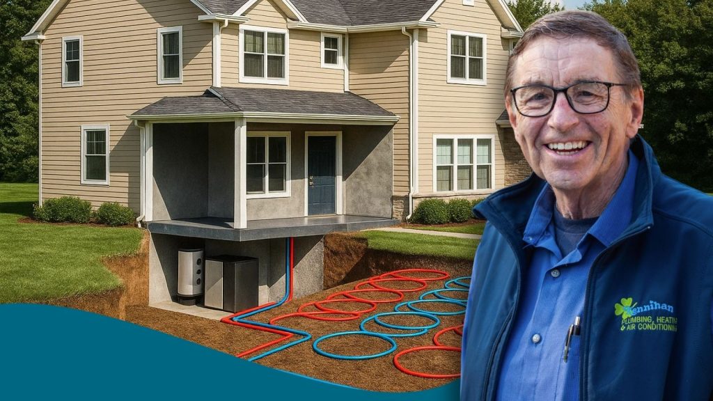 A geothermal array with a Kennihan HVAC employee.