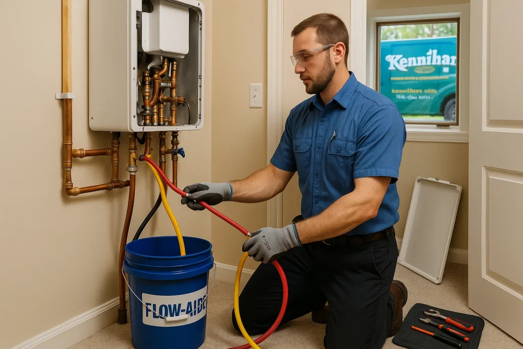 Technician flushing tankless water heater with descaling pump during maintenance service.