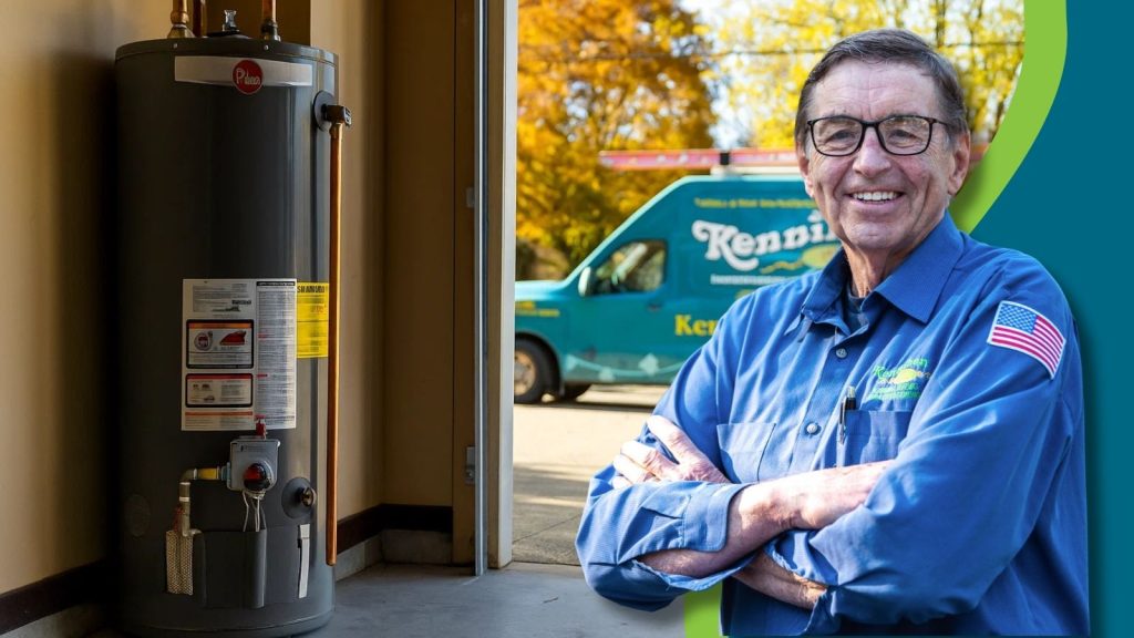 An image of a newly installed water heater with a Kennihan HVAC tech.