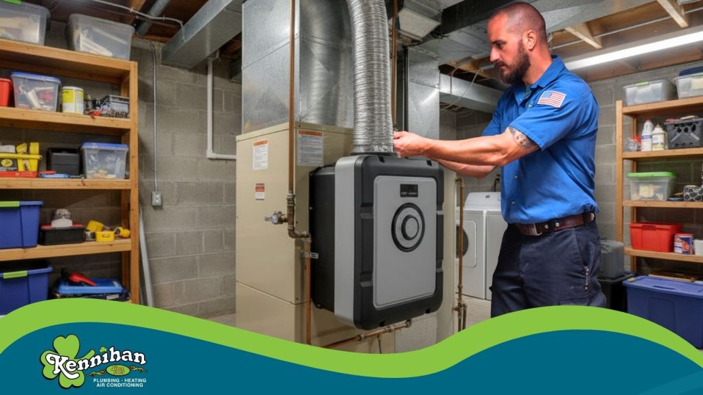 A HVAC tech working on a whole home humidifier.